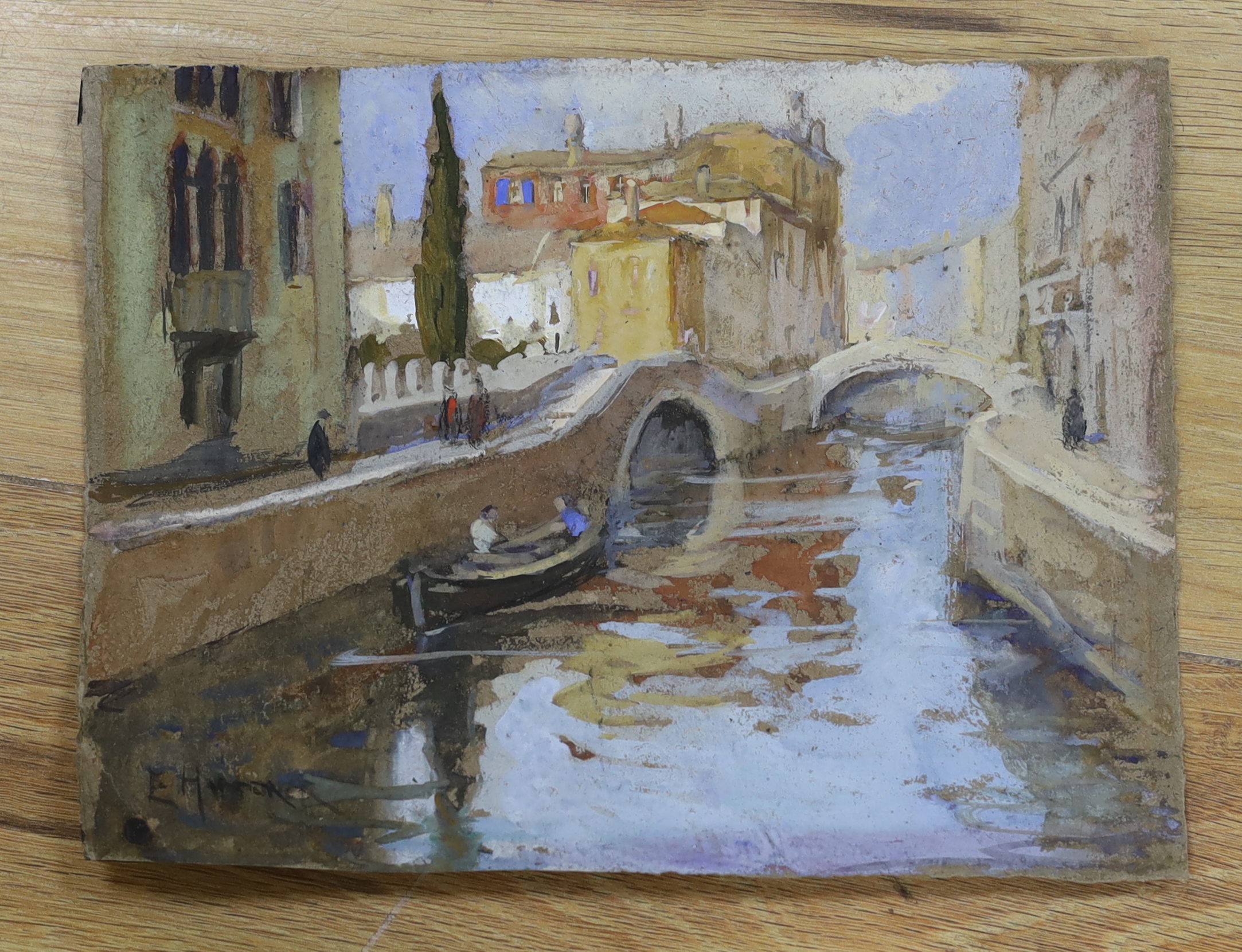 Eleanore Hunter (Exh. 1908-9), watercolour on brown paper, Venetian canal scene, signed, 19 x 25cm, unframed